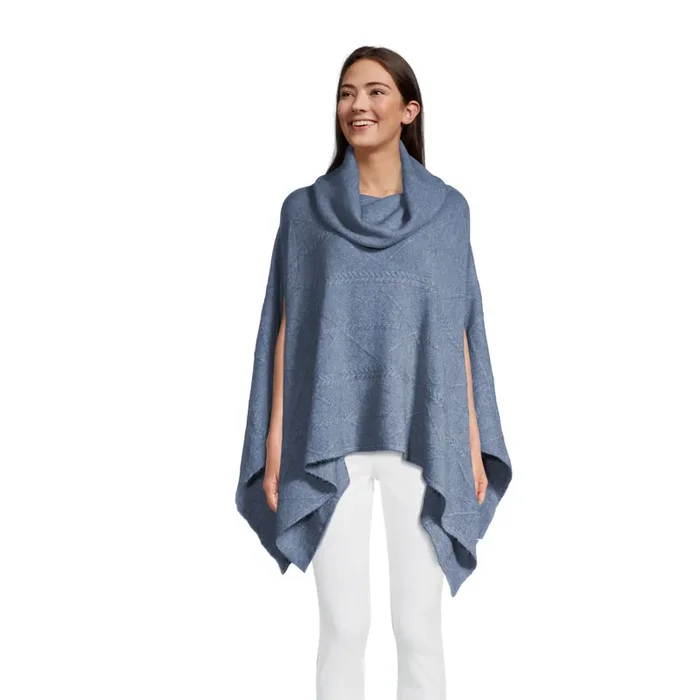 Blue Recycled Yarn Cable Knit Funnel Neck Sweater Poncho