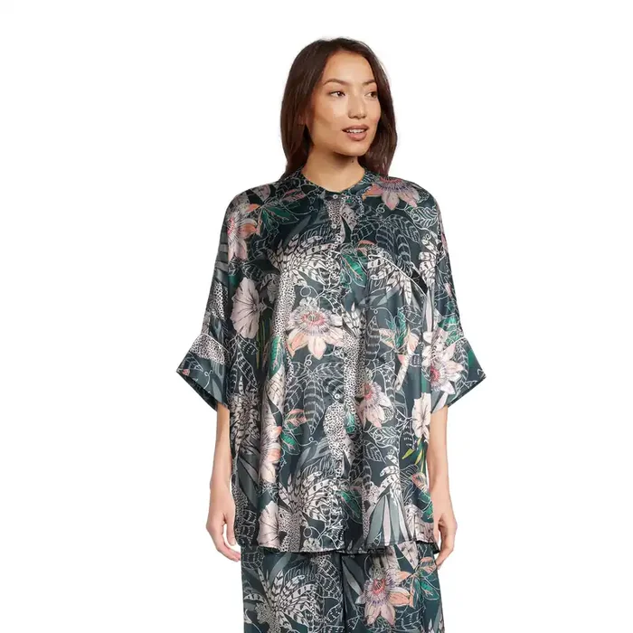 Blue Satin Tropical Jungle Leopard Pajama Top