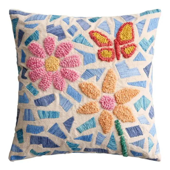 Blue Terrazzo Flower Embroidered Indoor Outdoor Throw Pillow