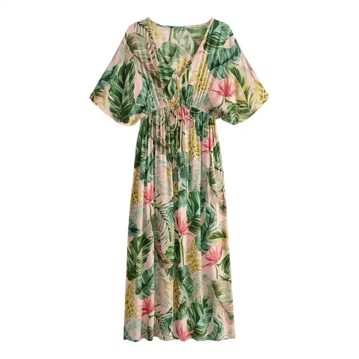 Blush And Green Tropical Floral Mira Kaftan Dress