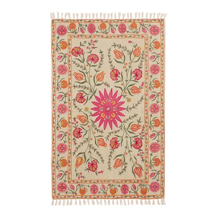 Botanica Warm Multicolor Floral Cotton Embroidered Area Rug