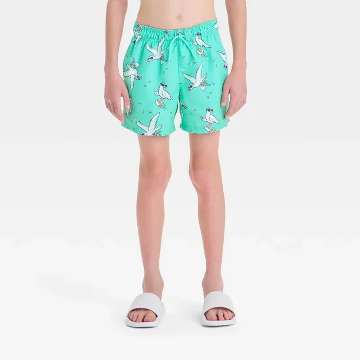 Boys‘ Bird Printed Swim Shorts – Cat & Jack™ Aqua Green XS Recycled Polyester, UPF 50+, Elastic Waist, Built-in Brief