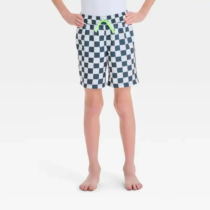 Boys‘ Checkered Swim Shorts – Cat & Jack™ Black L Recycled Polyester, UPF 50+, Built-in Brief, Elastic Waistband, 6.25″ Inseam