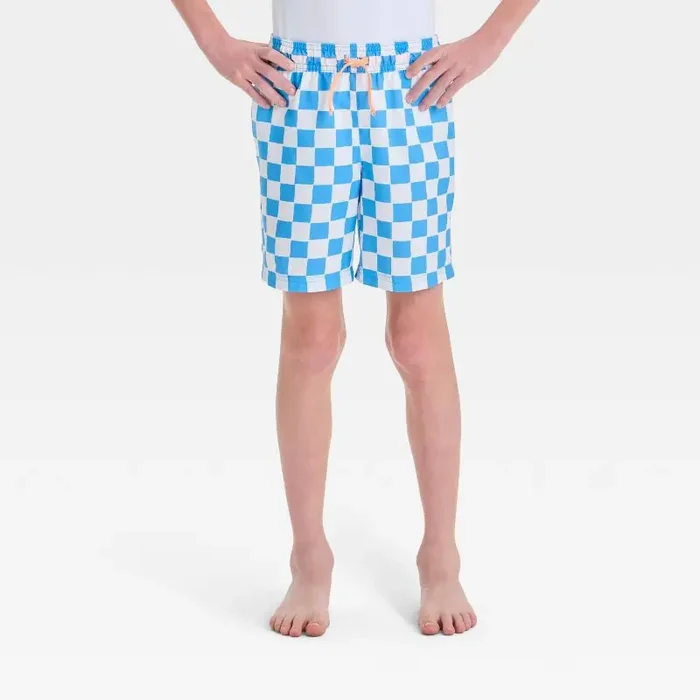 Boys‘ Checkered Swim Shorts – Cat & Jack™ Blue M UPF 50+, Built-in Brief, Elastic Waistband