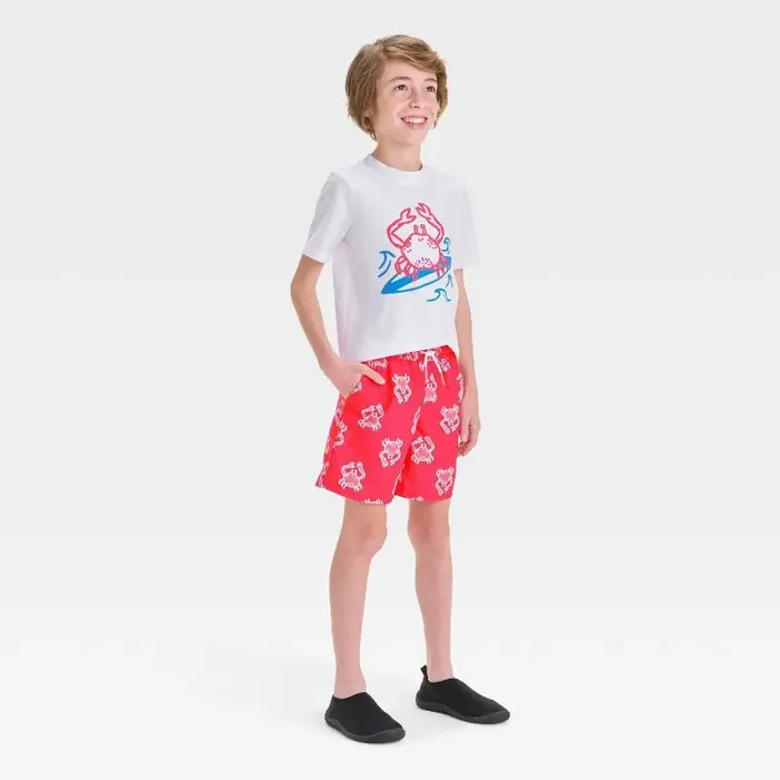 Boys‘ Crab Printed Rash Guard Set – Cat & Jack™ Red L UPF 50+, Adjustable Waistband, Built-in Brief