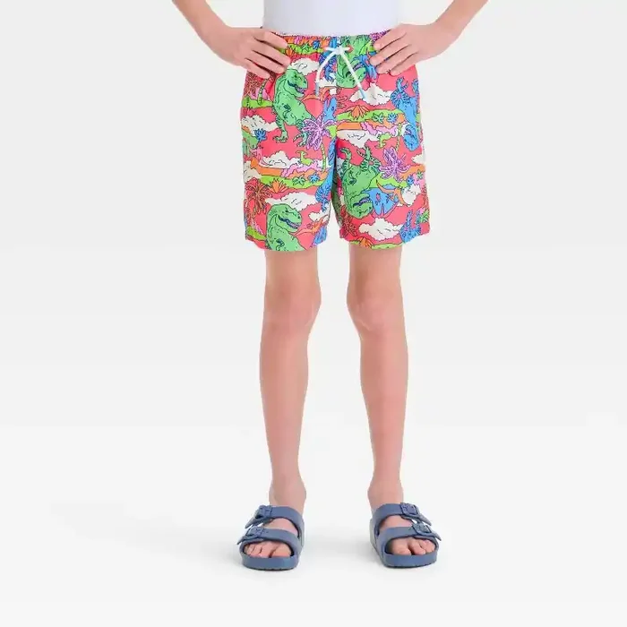 Boys‘ Dinosaur Printed Swim Shorts – Cat & Jack™ XS UPF 50+ Animal Print Trunks, Flexible Drawstring