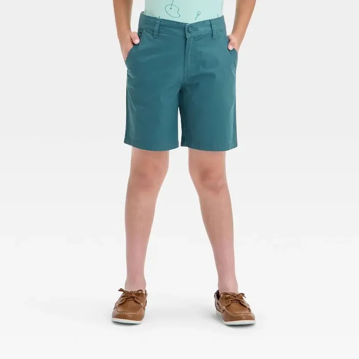 Boys‘ Flat Front ‘At the Knee‘ Chino Shorts – Cat & Jack™ Green 14 Cotton, Adjustable Waistband