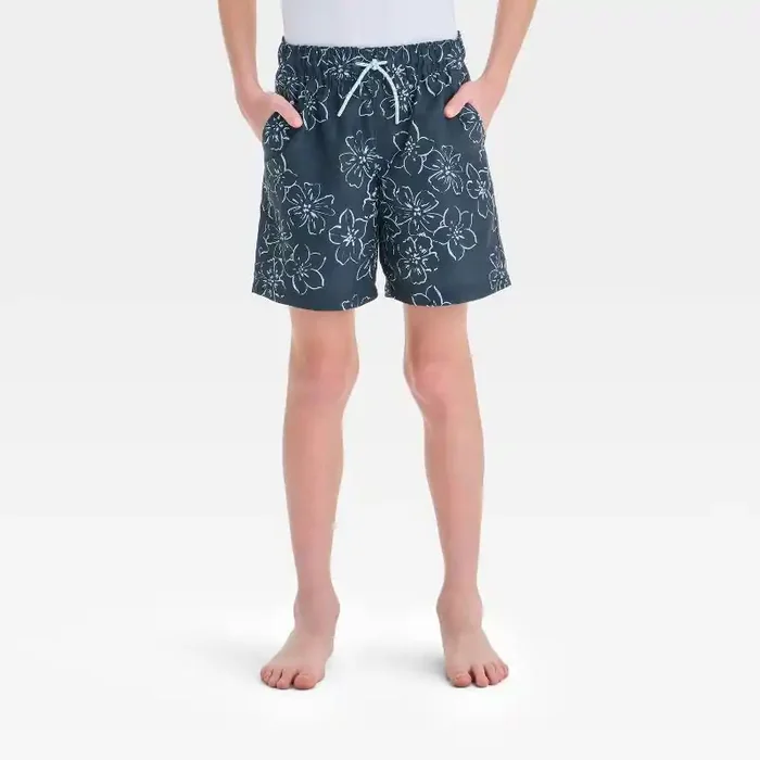Boys‘ Floral Printed Swim Shorts – Cat & Jack™ Gray M UPF 50+, Mid Rise, Twill Construction