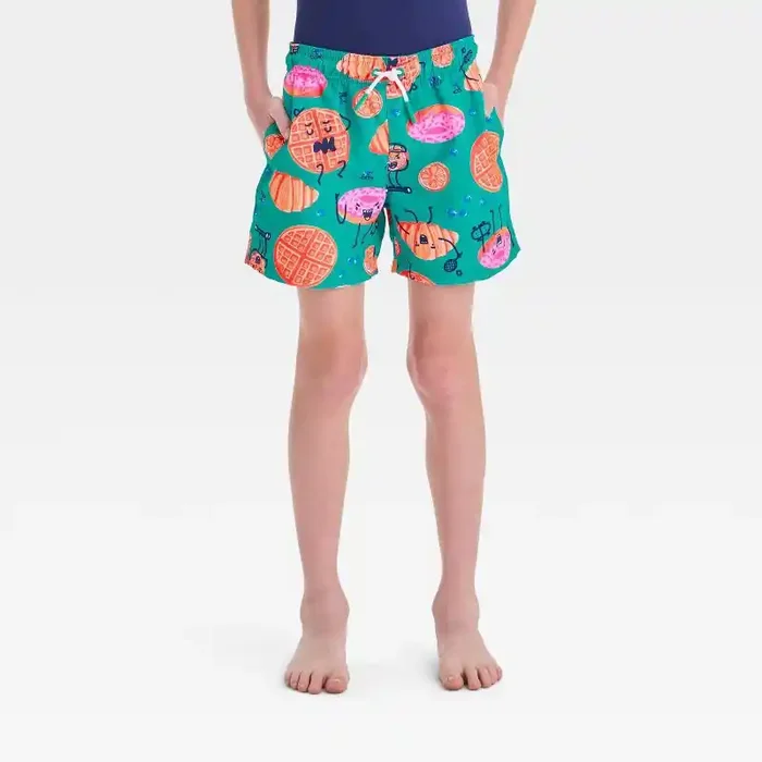 Boys‘ Food Printed Swim Shorts – Cat & Jack™ Teal Blue S UPF 50+, Built-in Brief, Elastic Waistband