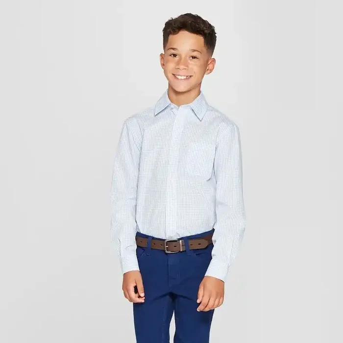 Boys‘ Long Sleeve Woven Button-Down Shirt – Cat & Jack™ Blue/White M Classic Check Pattern, Cotton Blend, Front Pocket