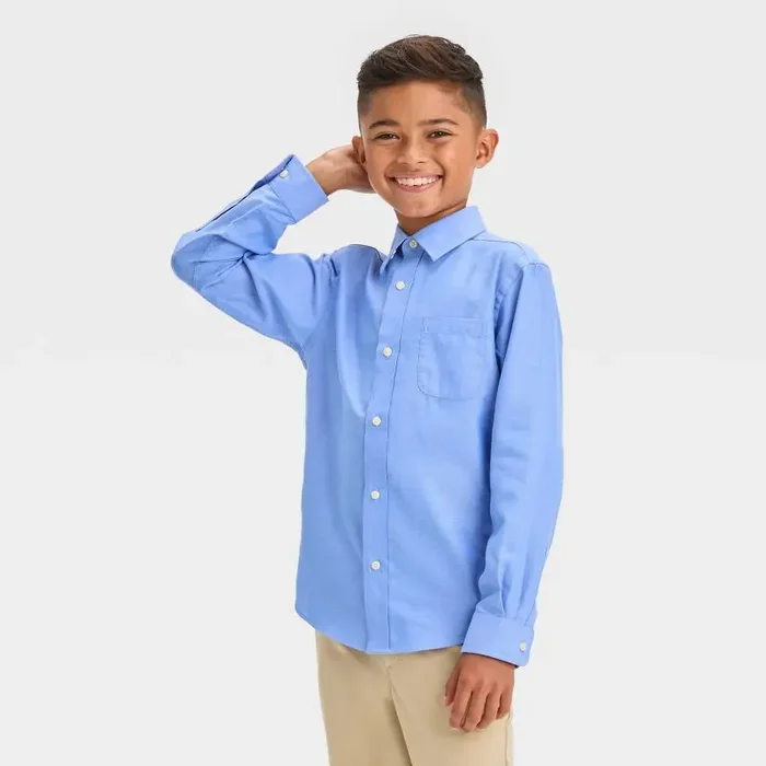 Boys‘ Long Sleeve Woven Button-Down Shirt – Cat & Jack™ Light Blue S Herringbone Pattern,