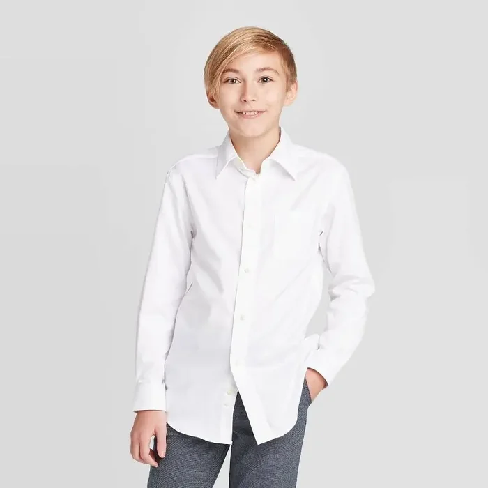 Boys‘ Long Sleeve Woven Button-Down Shirt – Cat & Jack™ White S Classic Herringbone Pattern, Cotton-Polyester Blend, Twill Construction