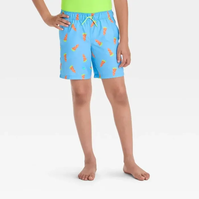 Boys‘ Pizza Printed Swim Shorts – Cat & Jack™ Blue XL Recycled Polyester, UPF 50+, Flexible Drawstring