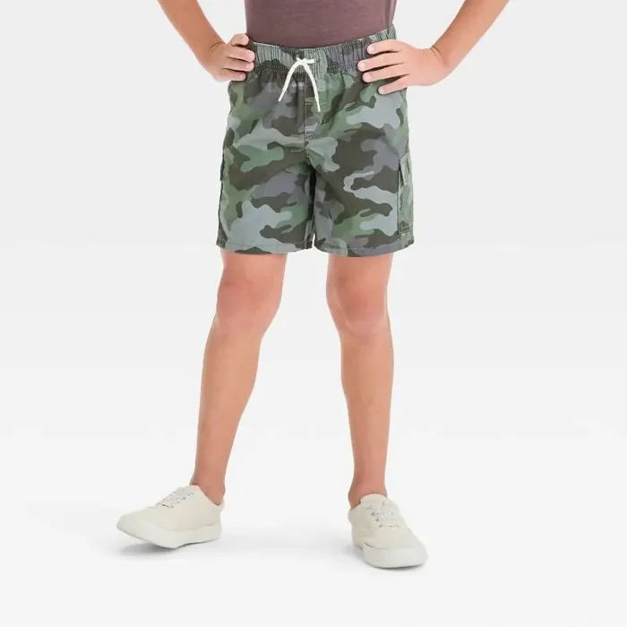 Boys‘ Pull-On ‘Above the Knee‘ Cargo Shorts – Cat & Jack™ Green S Camouflage, Elastic Waist, Twill Fabric