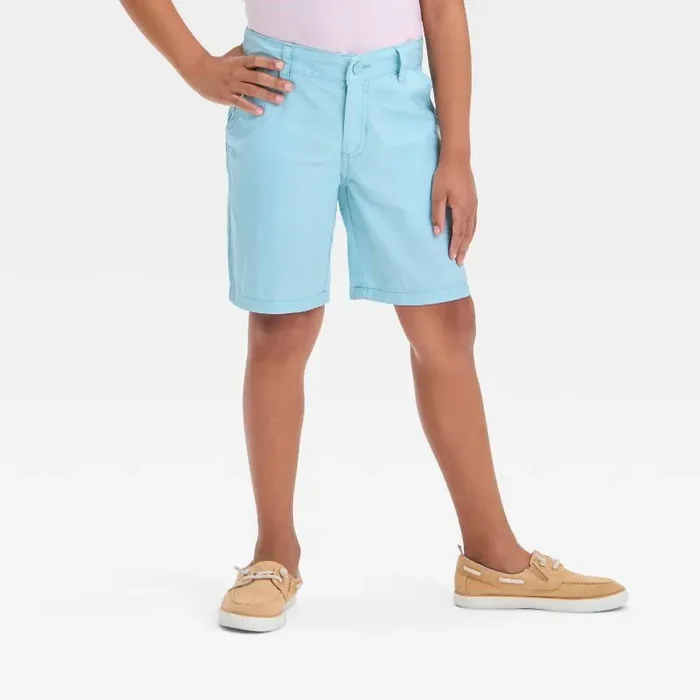 Boys‘ Regular Fit Flat Front ‘At the Knee‘ Chino Shorts – Cat & Jack™ Aqua Green 8 Cotton Twill, Adjustable Waistband