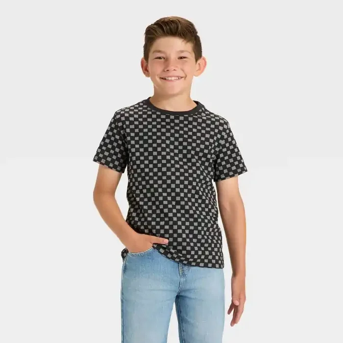 Boys‘ Short Sleeve Checkered T-Shirt – Cat & Jack™ Charcoal Gray XS