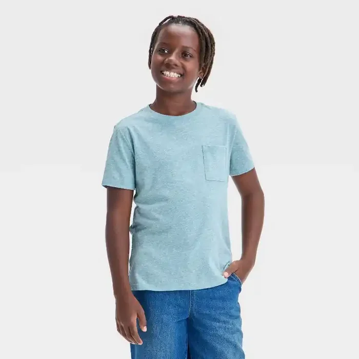 Boys‘ Short Sleeve Pocket T-Shirt – Cat & Jack™ Teal XS Casual Fit, Midweight Jersey, Machine Washable, Below Waist Length