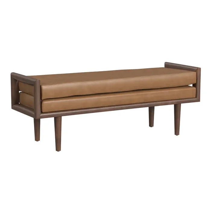 Brick Caramel Faux Leather and Exposed Wood Upholstered Bench