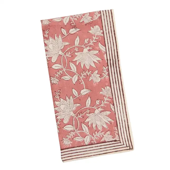 Brick Red and White Floral Stripe Block Print Napkin
