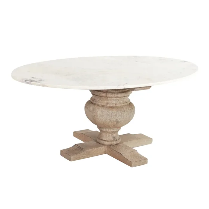 Bridewell Oval White Marble and Wood Pedestal Coffee Table