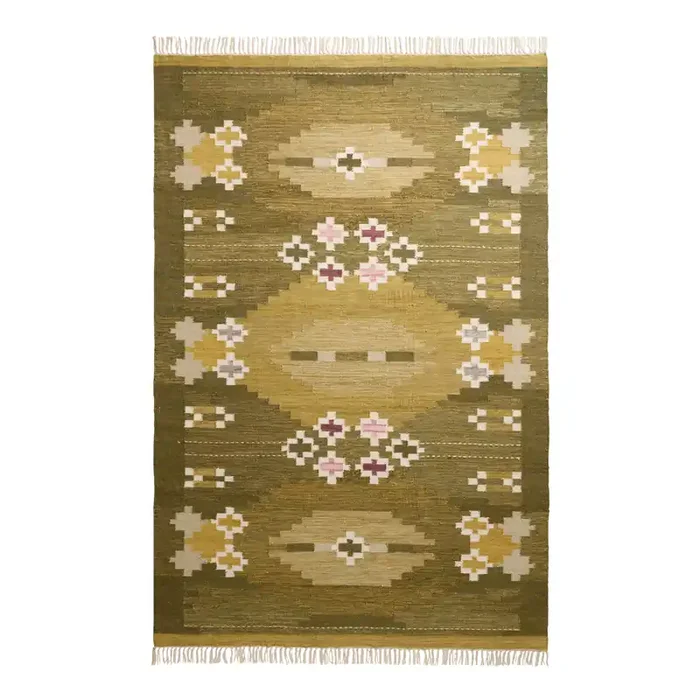 Briggita Tonal Green Swedish Style Geo Woven Wool Area Rug