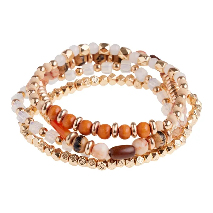 Brown And Pink Jade Beaded Stretch Bracelets 4 Pack
