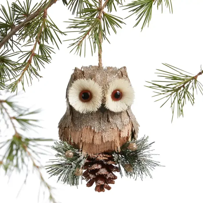 Brown Natural Fiber Owl And Pinecone Ornament