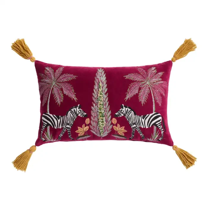 Burgundy Zebra Tassel Embroidered Lumbar Pillow