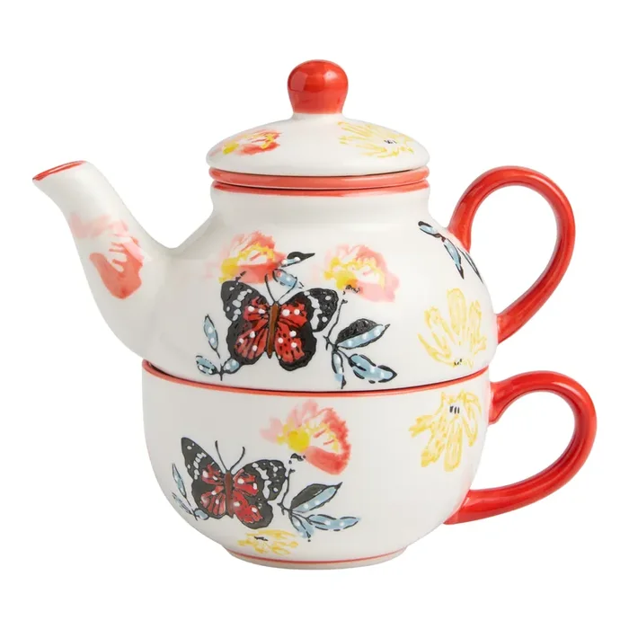 Butterfly Tea for One Hand Painted Infuser Teapot and Mug Set