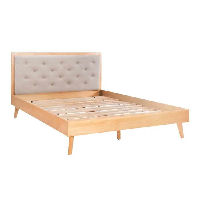 Cade Natural Wood Mid Century Upholstered Queen Bed