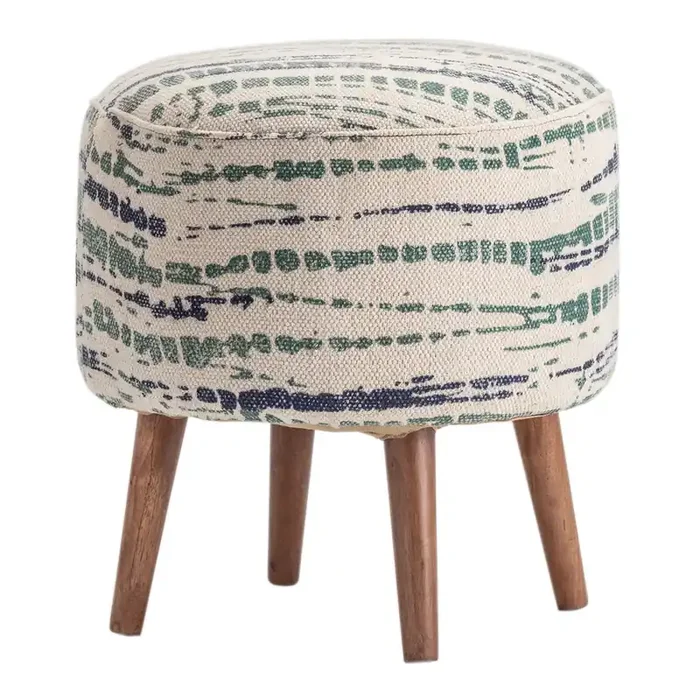 Canby Round Blue and Green Abstract Upholstered Stool