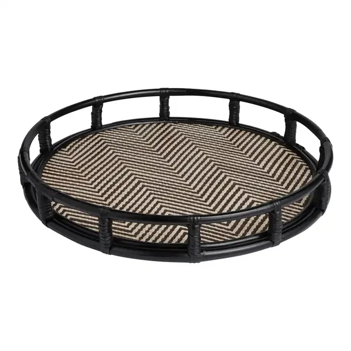 Caravan Round Black And Natural Geo Rattan Serving Tray