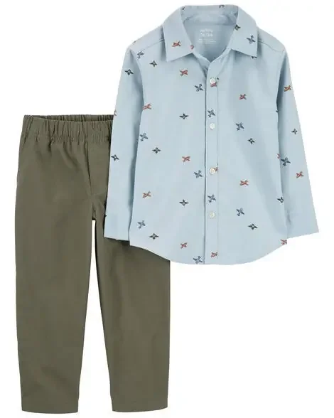 Carters Toddler 2-Piece Airplane Button-Down Shirt & Pant Set Blue 2T