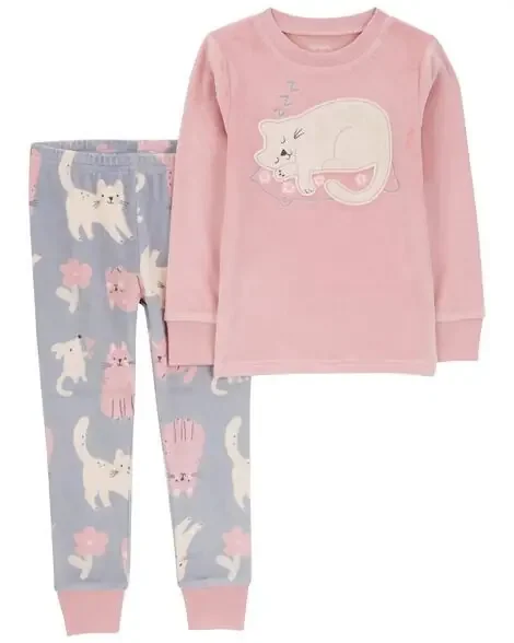 Carters Toddler 2-Piece Cat Fuzzy Velboa Pajamas Pink/Grey 2T