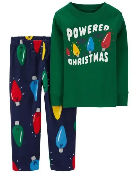 Carters Toddler 2-Piece Christmas Lights Cotton & Fuzzy Pajamas Navy 3T