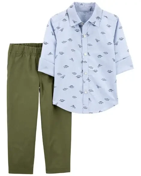 Carters Toddler 2-Piece Dinosaur Button-Front Shirt & Canvas Pant Set Blue/Green 4T