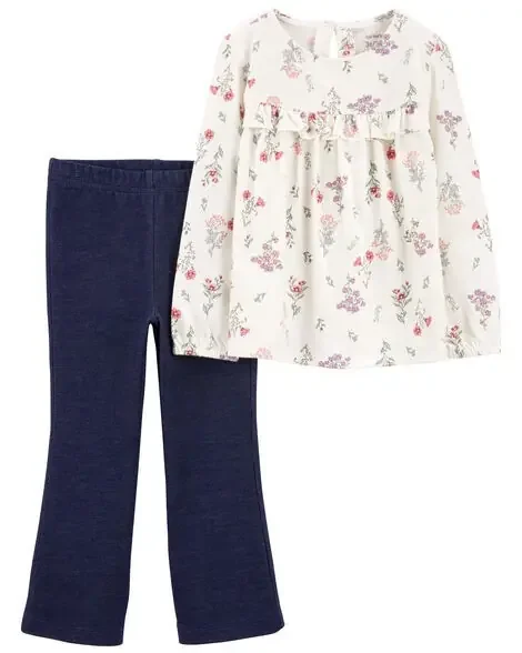 Carters Toddler 2-Piece Floral Long-Sleeve Top & Pull-On Flare Pant Set Ivory/Navy 4T