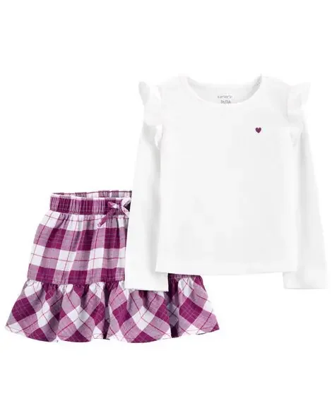 Carters Toddler 2-Piece Flutter Top & Plaid Skort Set Ivory/Purple 2T