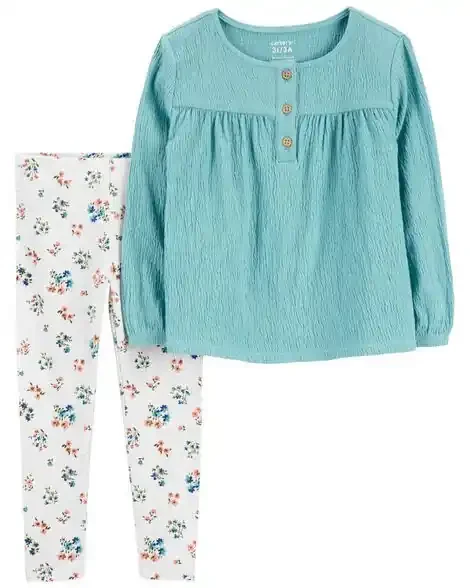 Carters Toddler 2-Piece Gauze Top & Floral Legging Set Blue/Ivory 3T