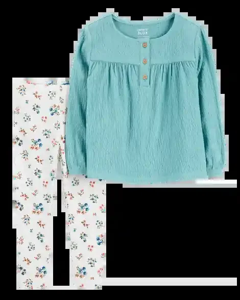 Carters Toddler 2-Piece Gauze Top & Floral Legging Set Blue/Ivory 4T
