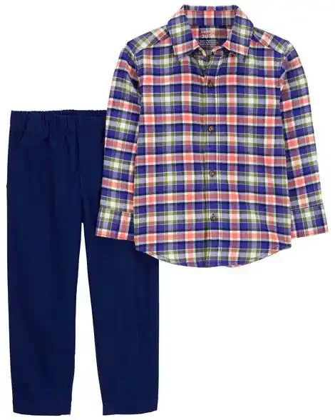 Carters Toddler 2-Piece Plaid Button-Down Shirt & Pant Set Navy/Orange 4T