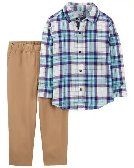 Carters Toddler 2-Piece Plaid Button-Front Shirt & Canvas Pant Set White/Blue 5T