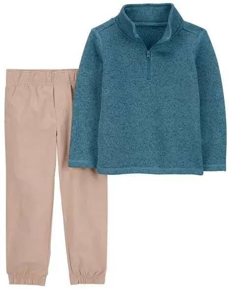Carters Toddler 2-Piece Quarter Zip Pullover & Canvas Pant Set Turquoise/Khaki 2T