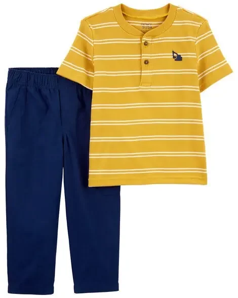 Carters Toddler 2-Piece Striped Henley Tee & Canvas Pant Set Yellow/Navy 5T