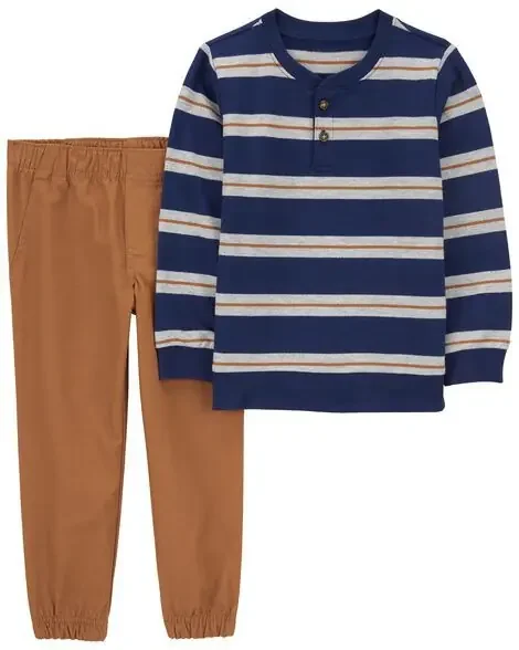 Carters Toddler 2-Piece Striped Henley Tee & Jogger Set Navy/Brown 5T