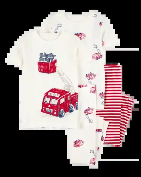 Carters Toddler 4-Piece Fire Truck Cotton Pajamas White/Red 2T