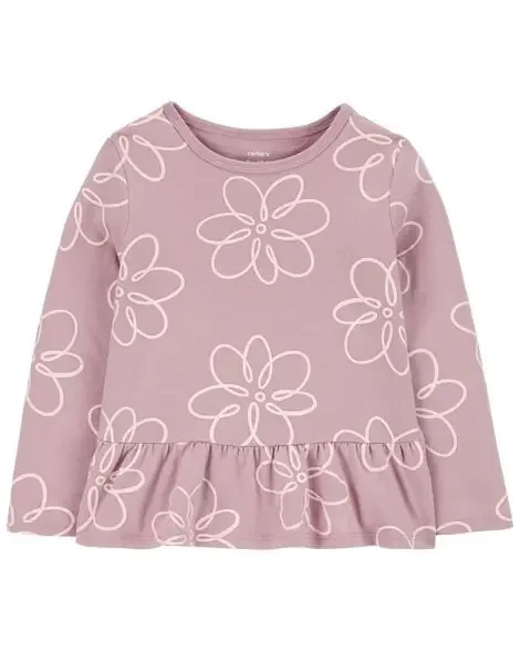 Carters Toddler Floral Peplum Long-Sleeve Jersey Tee Mauve 5T