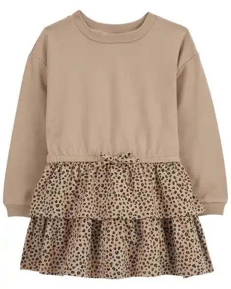 Carters Toddler Leopard Ruffle Long-Sleeve Dress Brown 2T
