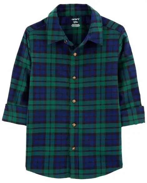 Carters Toddler Plaid Twill Button-Down Shirt Green/Navy 3T