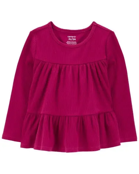 Carters Toddler Tiered Long-Sleeve Ribbed Top Berry 3T